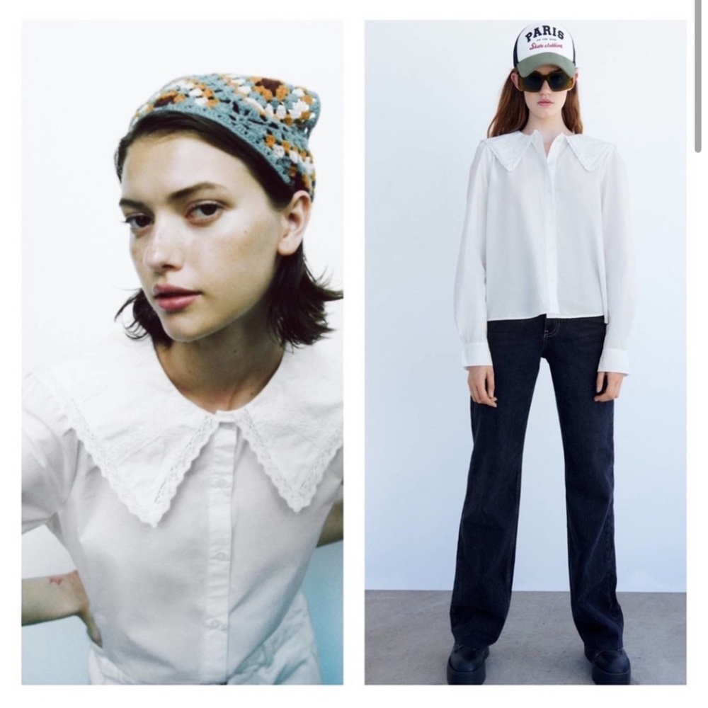 ZARA Poplin Lapel Button Down Top M White